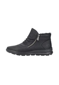 Black ankle boots made of textured leather with a zipper detail and a soft lining, featuring a flexible rubber sole for comfort.