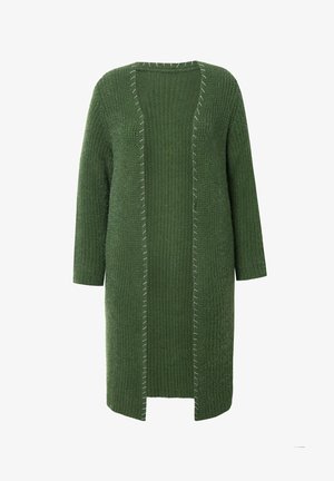 Zelený pletený cardigan s žebrovanou texturou, otevřeným předním dílem a dlouhými rukávy. Podrobnězdobený kontrastním bílým stehem podél okrajů.