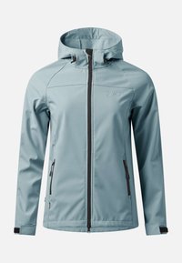Veste softshell à capuche bleu clair avec fermeture éclair devant, poches latérales zippées et sangles réglables aux poignets.