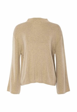 Light beige, long-sleeve sweater with a relaxed fit, rounded neckline, and soft texture. Minimalist design with no visible logos or patterns.