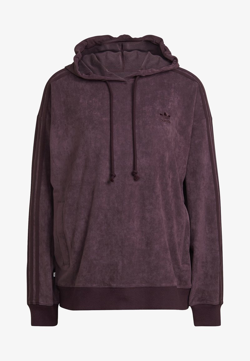 Hooded sweatshirt in dark purple fleece material, featuring a kangaroo pocket, ribbed hem, and three stripes along the sleeves. Logo on chest.