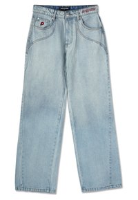 Világoskék, bő szárú farmernadrág magas derékkal. Két első zsebe van, az egyik piros logóval ellátott folttal, és varrott részletek találhatók az varrások mentén.