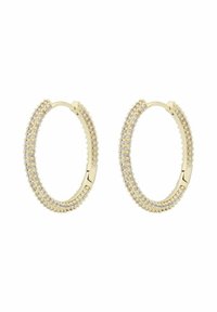 Guldtonade hoopörhängen med en serie små, klara kristaller som är inlagda längs den yttre kanten, med en gångjärnsklämma för enkel användning.