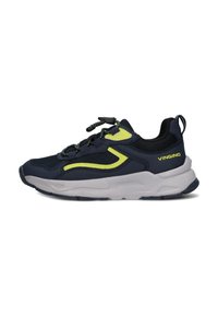 Scarpe sportive blu navy con tomaia testurizzata, dettagli gialli, lacci elastici e suola bianca imbottita. Presenta il logo sul lato.