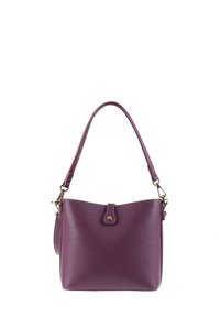 Borsa a tracolla in pelle viola con finitura texture, tracolla singola, chiusura a scatto e piccola tasca laterale. Finiture in metallo dorato.