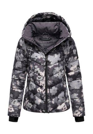 Veste rembourrée à motif floral noir et gris avec un col haut, une capuche, une fermeture éclair à l'avant et des ouvertures pour les pouces sur les manches.