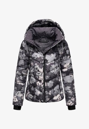 Mustrite mustriga mustriline ja halli värvi õhuke jakk kõrge kraega, kapuutsiga, ette tõmbe lukuga ja käiste varrukates sõrmeaukudega.