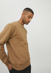 Brauner Baumwollpullover mit gerippter Struktur, Rundhalsausschnitt und langen Ärmeln, der eine lockere Passform und gestickte Details an den Nähten aufweist.