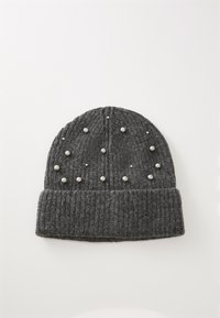 Dark gray knitted beanie with cuffed edge, decorated with scattered silver spherical studs on the main body.