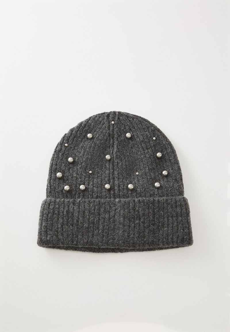 Dark gray knitted beanie with cuffed edge, decorated with scattered silver spherical studs on the main body.
