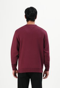 Hombre con cabello oscuro que lleva una sudadera de manga larga color burdeos y pantalones negros, de espaldas contra un fondo blanco liso.