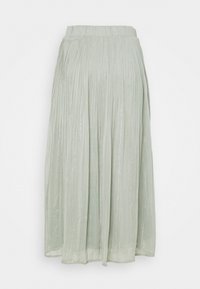 Jupe midi plissée vert clair, en tissu léger avec un subtil éclat. Taille élastique, coupe fluide et finition texturée.