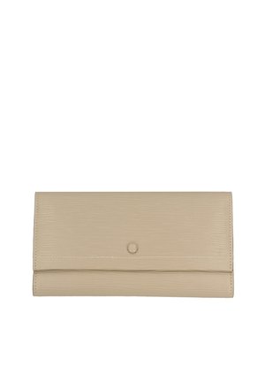 Beige textured leather wallet with a flap closure and a snap button. Features a smooth surface and elegant, minimalist design.