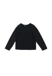 Langarmshirt mit navyblauen und braunen horizontalen Streifen, Rundhalsausschnitt und Raglanärmeln, flach auf weißem Hintergrund ausgelegt.