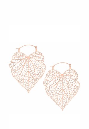 Rose gold filigree leaf-shaped hoop earrings with intricate vein patterns and latch-back clasps on a white background.