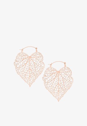 Rose gold filigree leaf-shaped hoop earrings with intricate vein patterns and latch-back clasps on a white background.