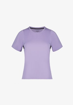 Lichtpaarse sportshirt met korte mouwen, ronde hals, licht getailleerd ontwerp en zwarte binnenkraag.