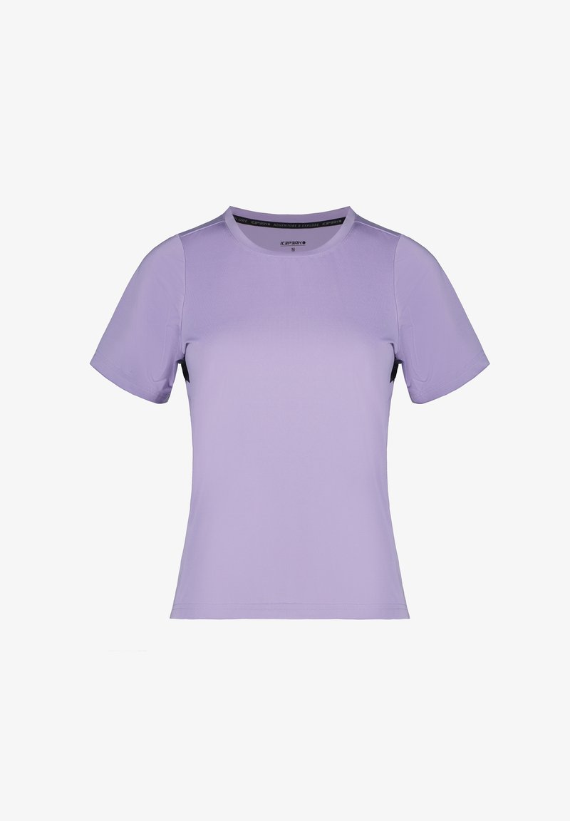 Lyse lilla atletisk T-shirt med korte ærmer, rund hals, let figursyet design og sort detalje på indersiden af kraven.