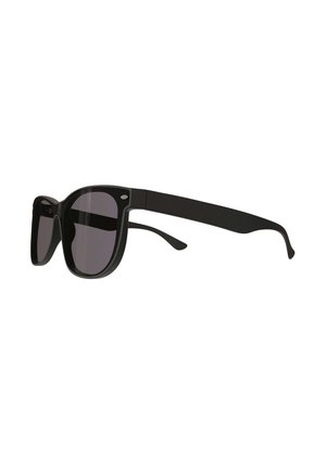 Black plastic frame sunglasses with dark rectangular lenses and wide straight temples shown against white background.