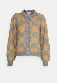 Cardigan in misto lana con motivo a quadri grigio e senape, design cropped, scollatura rotonda, chiusura a bottoni e polsini a costine.