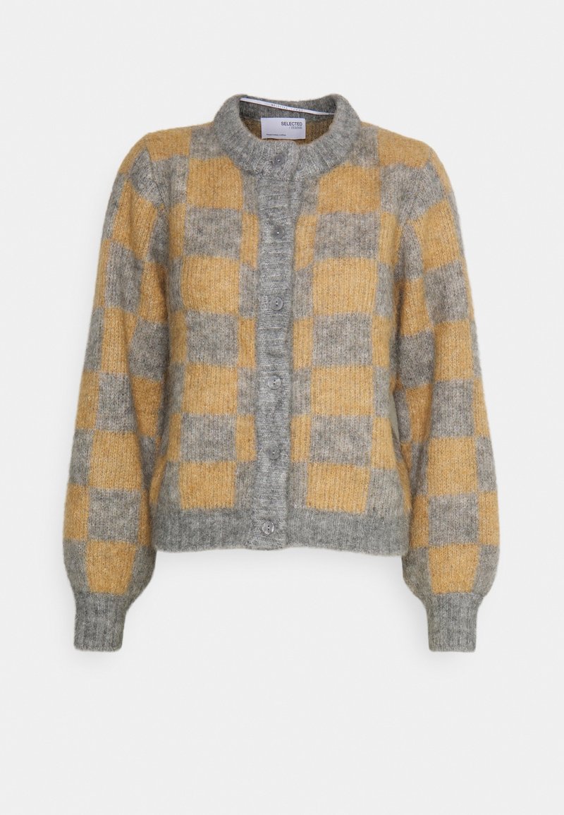 Cardigan in misto lana con motivo a quadri grigio e senape, design cropped, scollatura rotonda, chiusura a bottoni e polsini a costine.