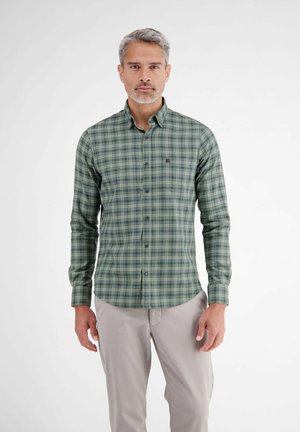 Mann mit grauen Haaren, der ein grünes kariertes Langarmhemd und helle graue Hose trägt, steht vor einem weißen Hintergrund.