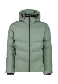 Lichtgroene pufferjack met een rits aan de voorkant, hoge kraag, verstelbare capuchon en twee ritszakken aan de zijkant. Glad, geïsoleerd materiaal.