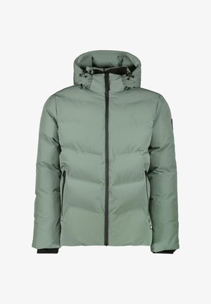 Light green puffer jacket featuring a zip front, high collar, adjustable hood, and two zippered side pockets. Smooth, insulated fabric.