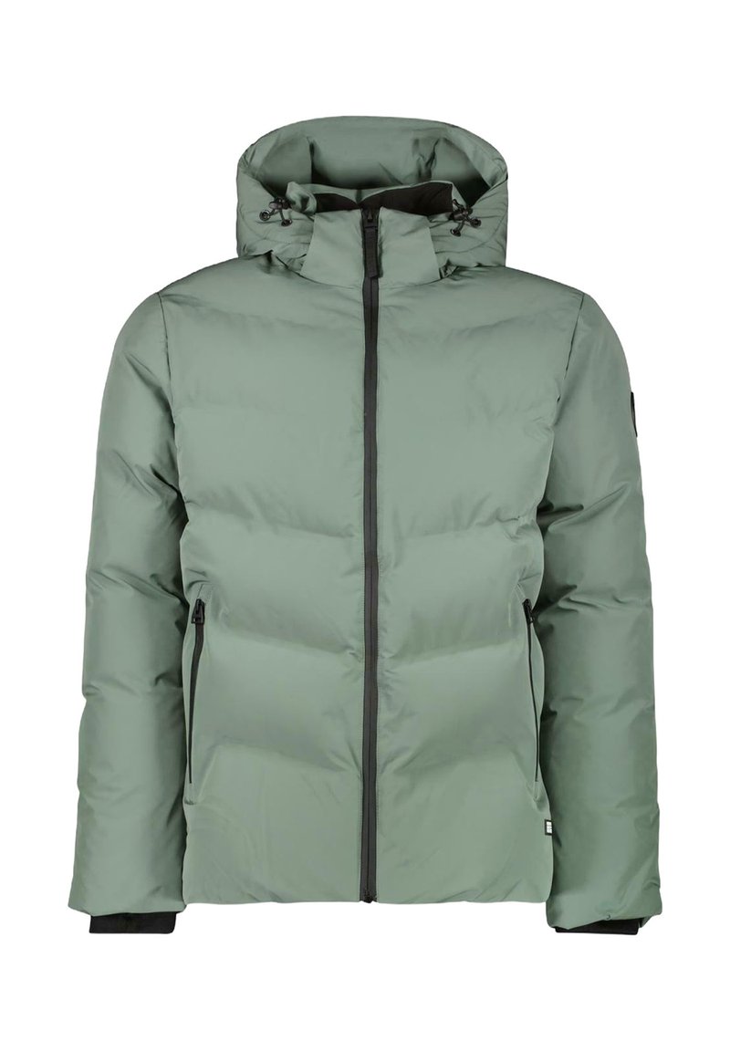 Lichtgroene pufferjack met een rits aan de voorkant, hoge kraag, verstelbare capuchon en twee ritszakken aan de zijkant. Glad, geïsoleerd materiaal.