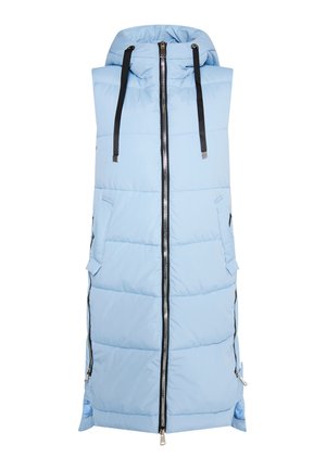 Polstret ærmeløs jakke i lyseblå med hætte, med lynlås foran, to sidelommer og sorte detaljer på lynlåsene.