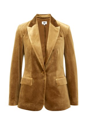 Bruine fluwelen blazer met een enkele knoopsluiting, spitse revers, twee voorkruizen en een gladde voering. Gestructureerde vorm, zachte textuur.