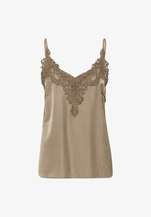 Brun camisole med delikat spetsdetalj längs halsringningen och justerbara axelband, med en mjuk och slät textur.