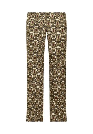 Pantaloni fantasia in verde oliva con un design retrò caratterizzato da linee ondulate e forme ovali in crema e bordeaux. Classica gamba dritta.