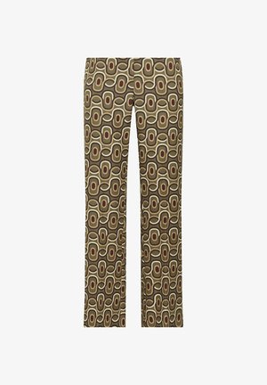 Pantaloni fantasia in verde oliva con un design retrò caratterizzato da linee ondulate e forme ovali in crema e bordeaux. Classica gamba dritta.
