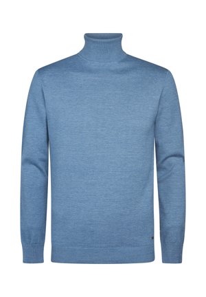 Jasnoniebieski sweter z golfem wykonany z miękkiej dzianiny. Posiada ściśnięty kołnierz i mankiety, o czystym, minimalistycznym wzornictwie bez widocznych wzorów.