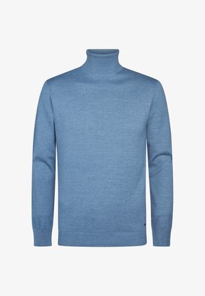 Maglione a collo alto di colore azzurro chiaro, realizzato in morbido tessuto a maglia. Dotato di un colletto e polsini a coste, presenta un design pulito e minimale senza motivi visibili.