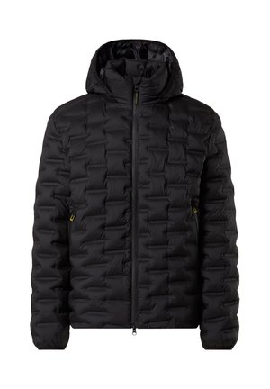 Doudoune noire matelassée horizontalement, fermeture éclair à l'avant et capuche. Comprend des poignets élastiques et une poche latérale avec un accent jaune.