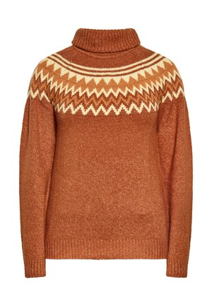 Sweter z golfem w kolorze rdzawego pomarańczu z kremowo-brązowym wzorem w zygzak na wysokości klatki piersiowej i ramion, z długimi rękawami oraz ściągaczami na mankietach i u dołu.