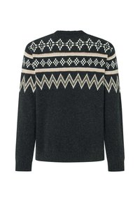 Maglione a maglia grigio scuro con una stampa geometrica in crema e beige sul colletto. Polsini e orlo a coste con un design classico a girocollo.