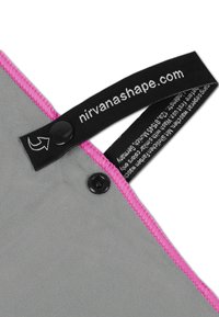 Gray fabric with pink stitched accents and a black tab. Features a snap button and text label. Smooth texture, simple design.