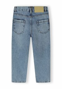 Gai zila denima bikses ar taisnu griezumu, ar brūnu birku aizmugurē un divām aizmugurējām kabatām ar smalku izšuvumu.