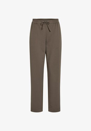 Bruine joggingbroek van zachte stof, met een elastische tailleband met trekkoord, recht model en zonder zakken.