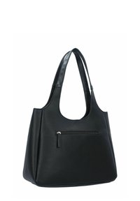 Sac fourre-tout en cuir noir avec une surface texturée, un haut incurvé et des poignées doubles. Il dispose d'une poche avant zippée pour un rangement supplémentaire.
