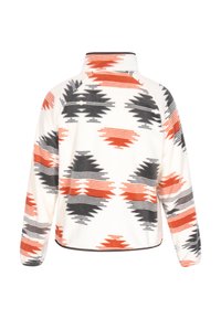 Pullover in felpa con colletto alto, caratterizzato da uno sfondo crema decorato con motivi geometrici rossi, grigi e neri. Texture morbida.