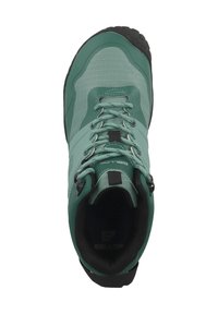 Green hiking shoe made of fabric and rubber, featuring a textured upper, rounded toe, and a lace-up design with reinforced eyelets.