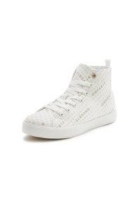 White high-top sneakers with a textured material featuring a repeated logo pattern in beige. Lace-up design with a pull tab at the back.