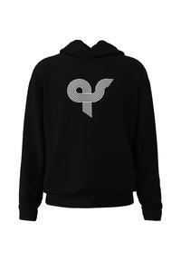 Zwarte hoodie met een witte grafische ontwerp met gebogen en rechte lijnen. Inclusief een voorste kangoeroezak en geribde manchetten.