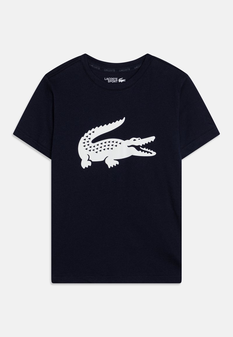 Camiseta de algodão azul-marinho com um grande gráfico de crocodilo branco com padrão, gola redonda canelada e mangas curtas.