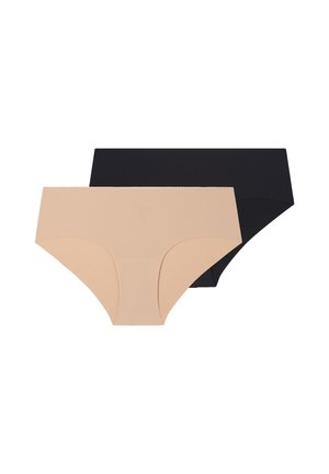 Zwei Damen Hipster-Unterhosen in Beige und Schwarz, flach auf weißem Hintergrund gelegt.