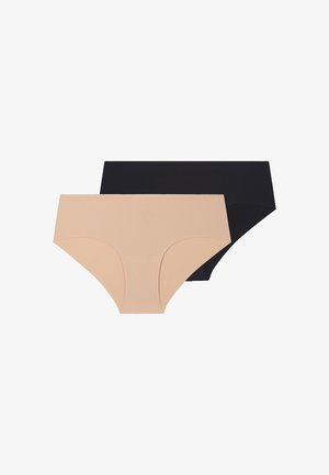 Two women's hipster underwear in beige and black colors, laid flat against a white background.